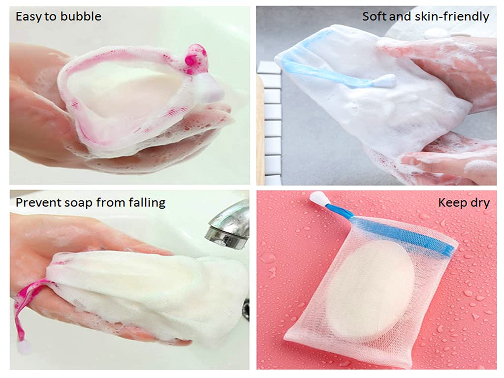 Ensemble de Sacs en Filet à Bulles,20 Sac en Filet de Savon,avec 5 Éponges de Douche,8 Crochets Adhésifs Transparents Étanches,Usage Multifonctionnel,pour Faire Mousser et Sécher Savon