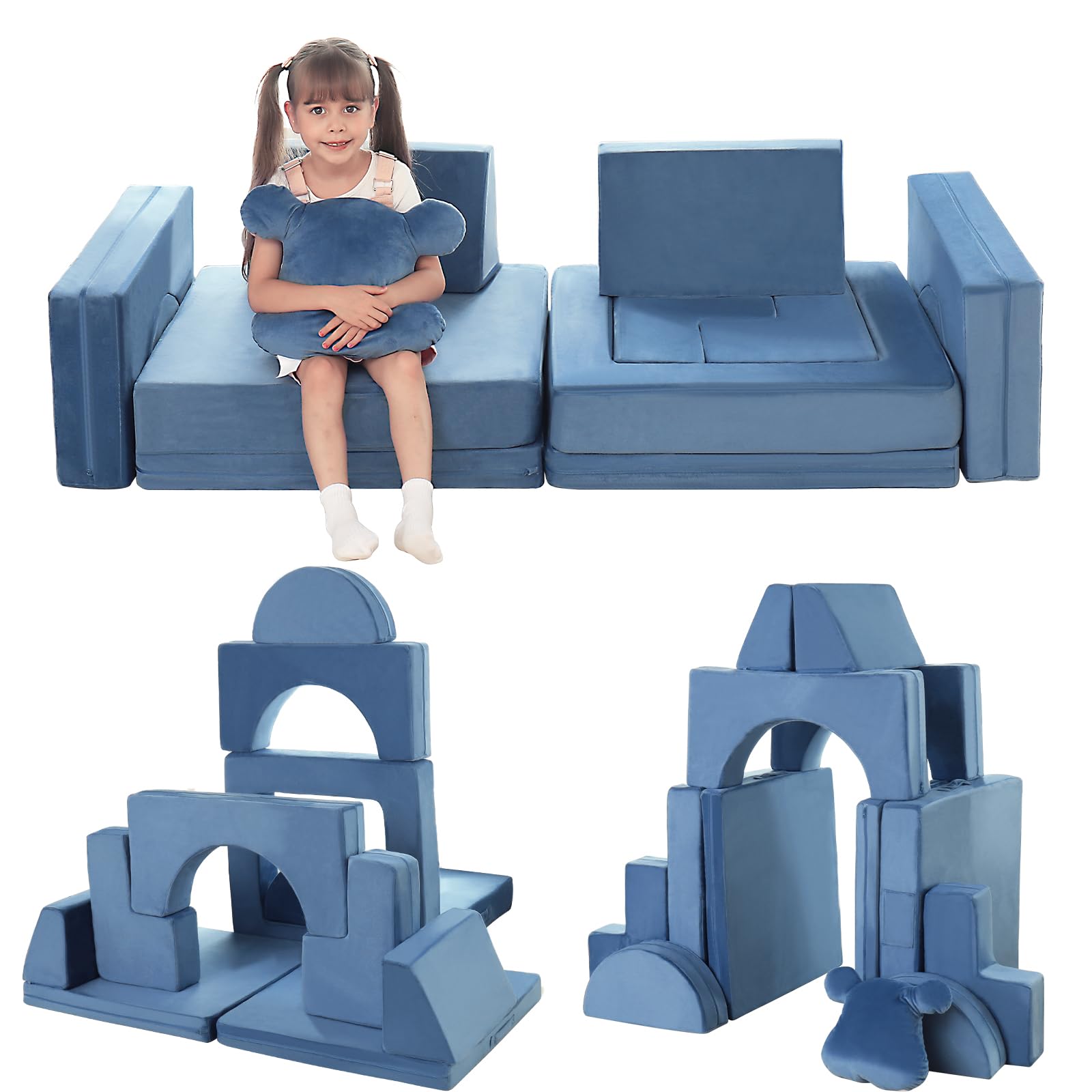 Modular Kids Play Couch,12PCS Child Sectional Sofa,Climbing Couch Toddler  Playroom Couch,Blue Convertible Foam and Floor Play Sofa for Boys and Girls