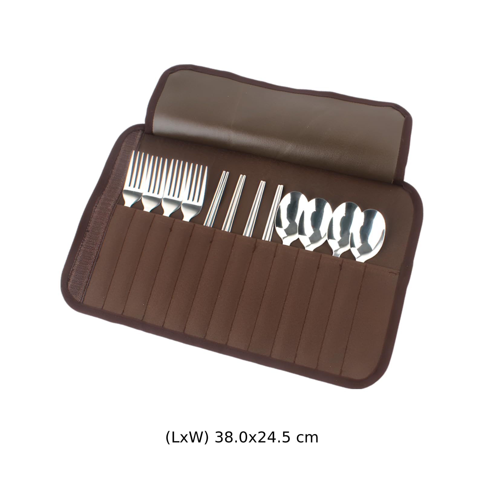 13-teiliges Besteckset für 4 Personen, Camping-Besteck aus Edelstahl 430, mit 4 Löffeln, 4 Gabeln, 4 Essstäbchen, kompakte Rolltasche für Grillen, Picknick und Outdoor-Aktivitäten