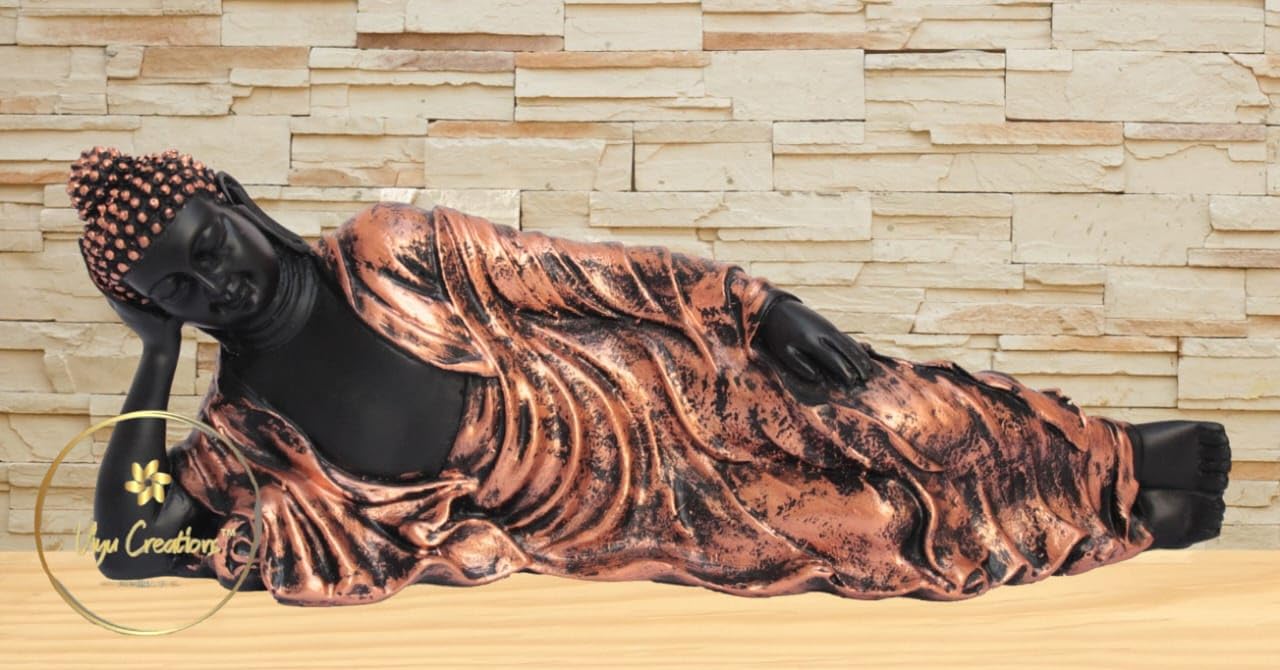 VIYU CREATIONS Resin Relaxing Buddha Statue on Wooden Base Decorative Calm Showpiece, 26x5x10 cm, Golden (Multicolor)