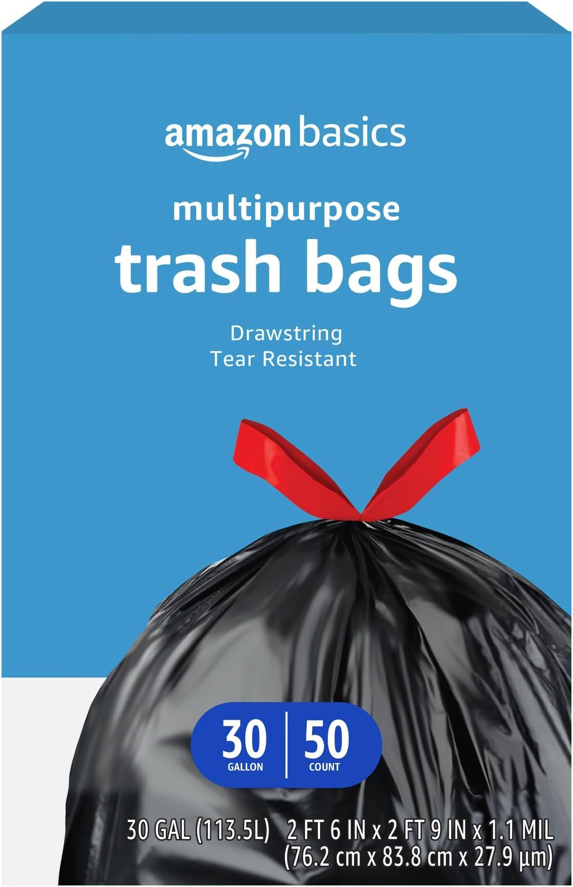 Amazon Basics Multipurpose Drawstring Trash Bags,30 Gallon,(Previously Solimo),50 Count (Pack of 6)