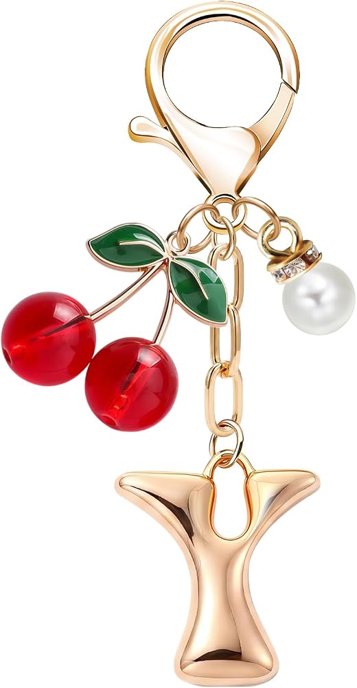 3d Initial Keychain Cute Bubble Initial Cherry KeyChain with Pearl for Women Gold Lett