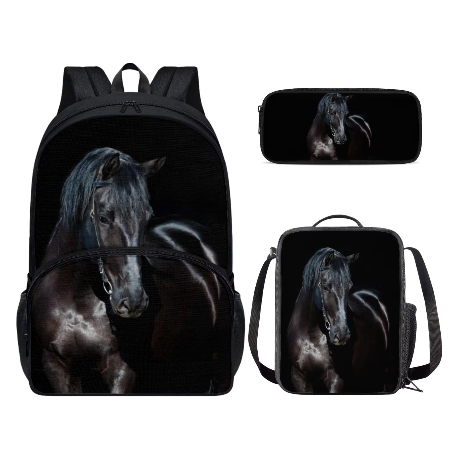 POLERO Juego de 3 bolsas escolares con impresión 3D para el almuerzo, estuche para lápices, Caballo Negro, Talla única, Mochila infantil