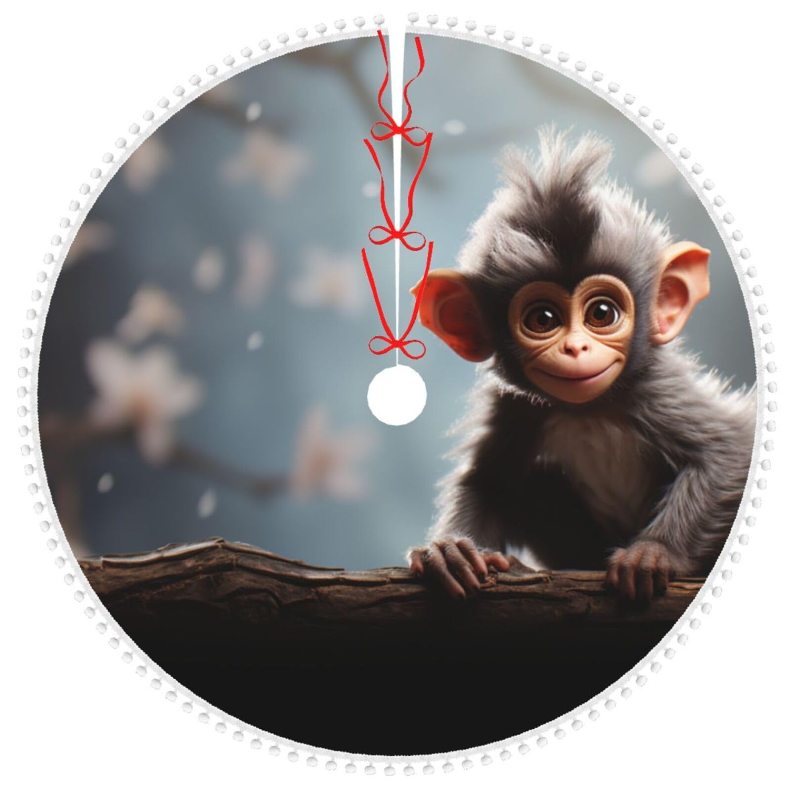 Jupe de sapin de Noël singe mignon de 122 cm avec pompons pour fêtes