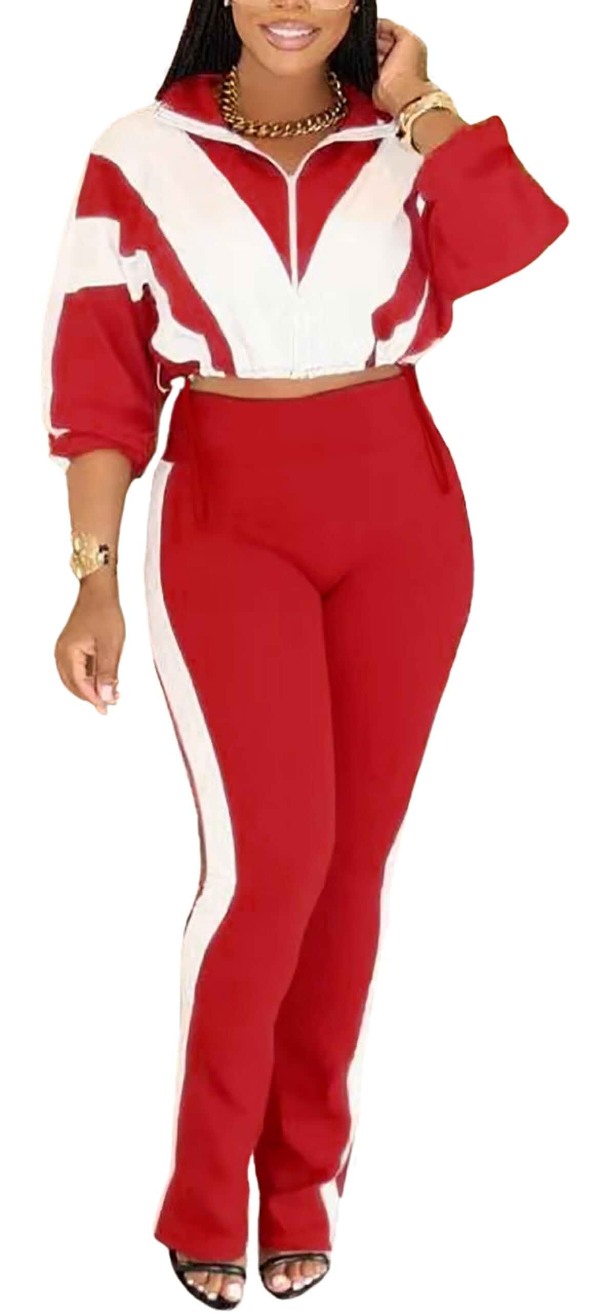 Womens 2 Piece Outfits Sets Casual Jumpsuits Track Suits for Women Set Colorblock Zip Up Cropped Jacket Pants Sweatsuits