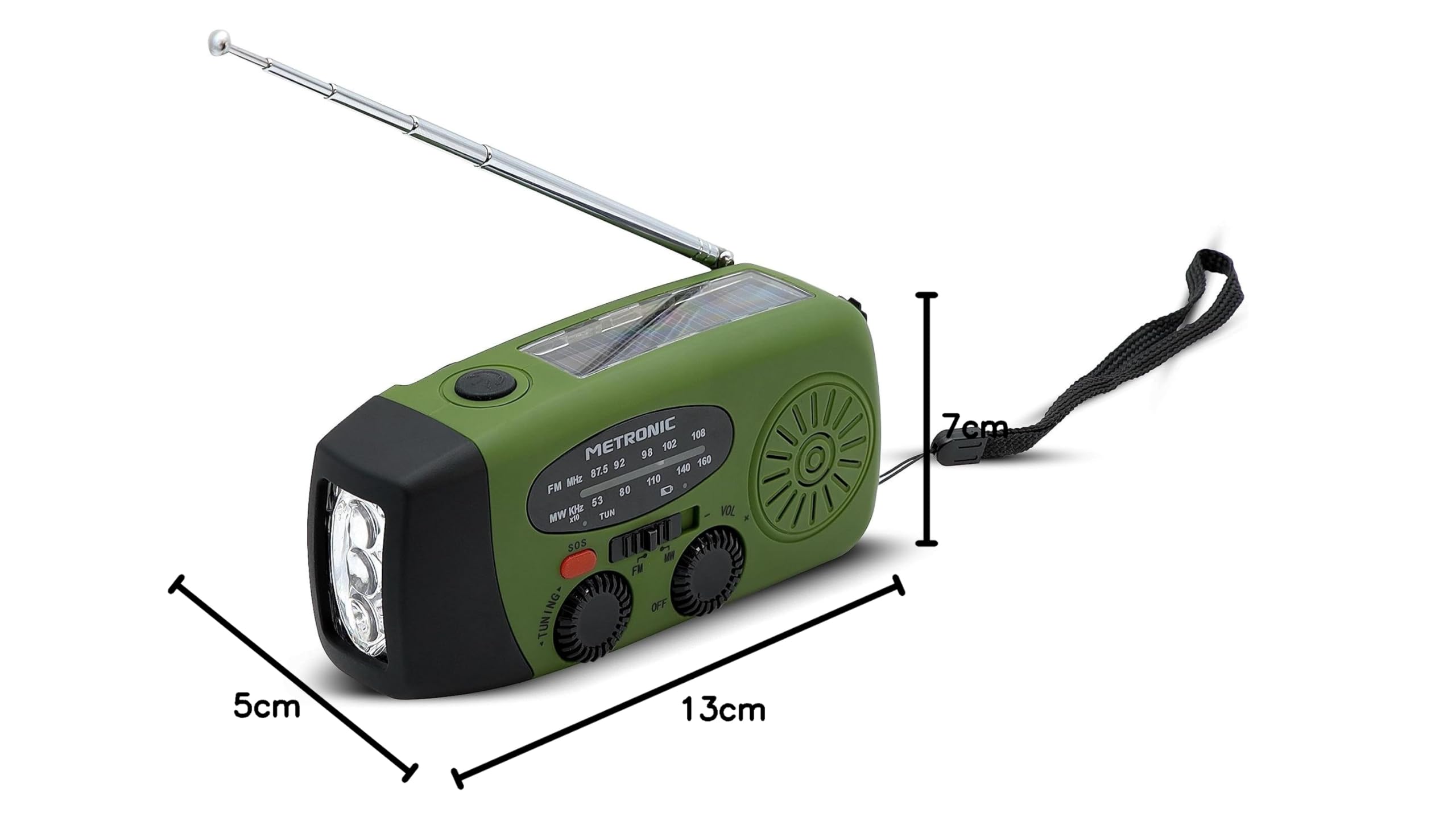 Metronic Radio FM Przenośne Solarne Ładowanie 2000mAh Dynamo - Stanowisko z przyciskiem SOS Awaryjne - Funkcja Latarki LED - Zielony i czarny - 477216