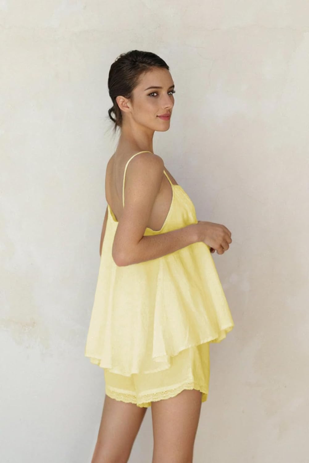 Womens Summer 2 Piece Set Sleeveless Tie Straps Ruffle Trim Top and Shorts Sets Soft Cozy Pajamas Set