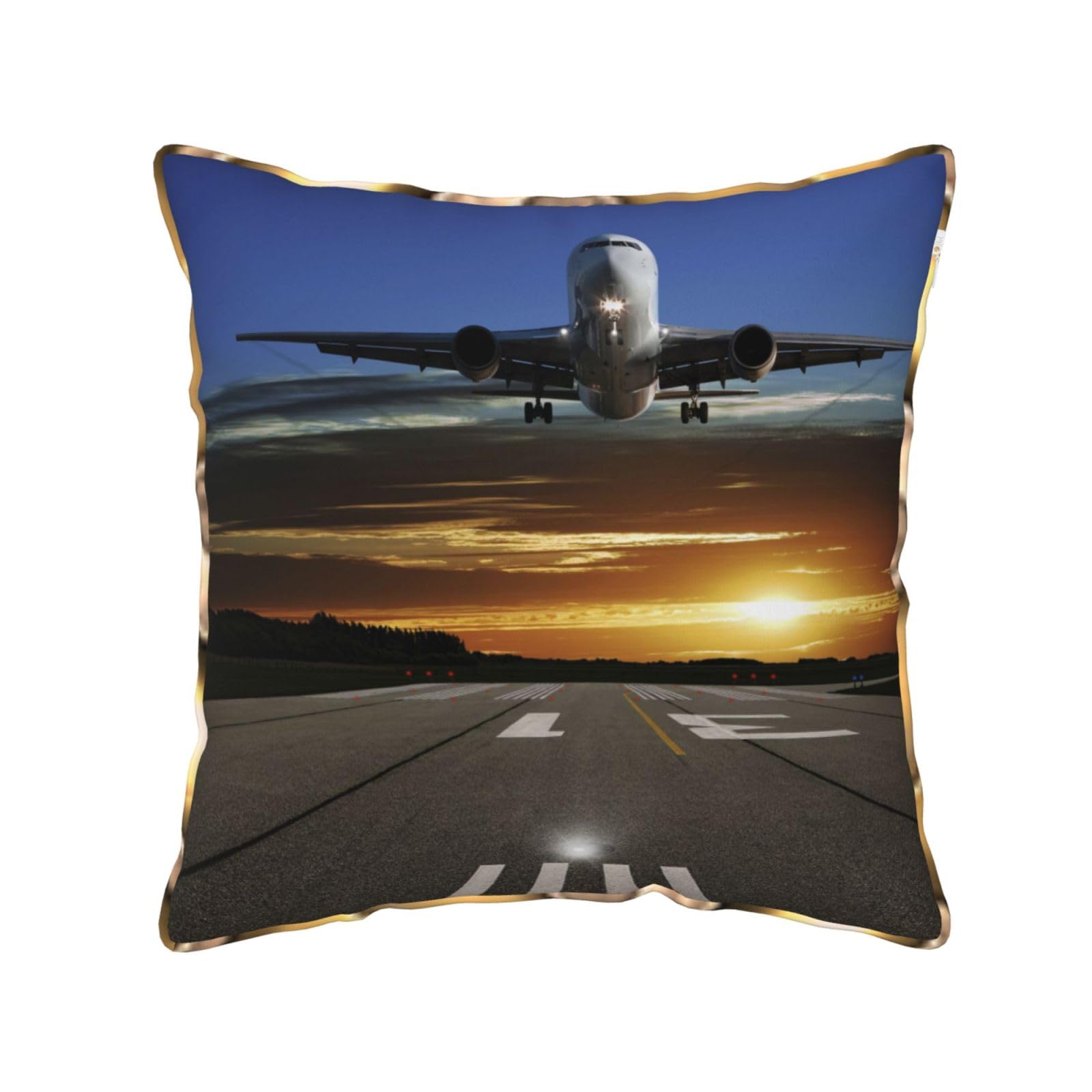 AUBKFELD airport Printed Velvet Cushion Cover 45x45 CM with Gold Edging Strip, Square Pillowcase Soft Throw Pillow Covers Case Decorative for Living Room Sofa Couch Bed Bench