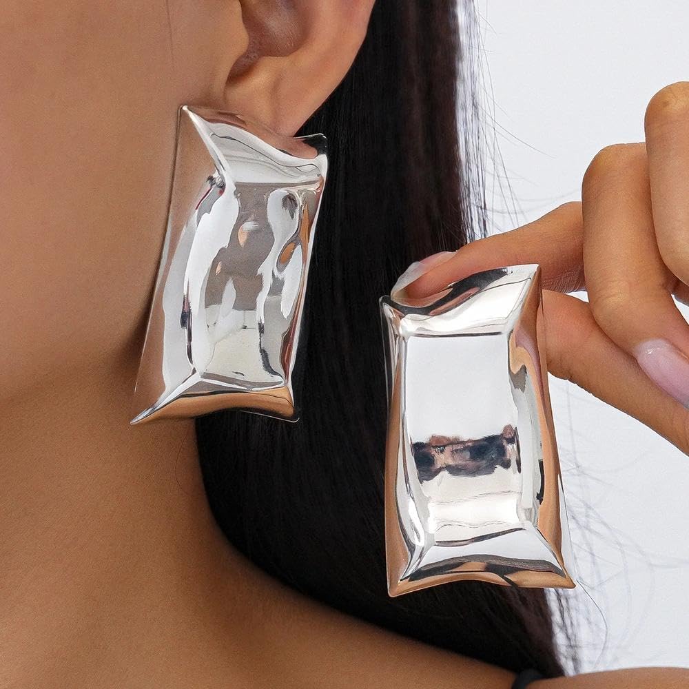 Gold Plated Geometric Rectangle Pleated Stud Earrings for Women,Irregular Chunky Statement Square Dangle Earrings Punk Party Fashion Accessories Gift - Image 2