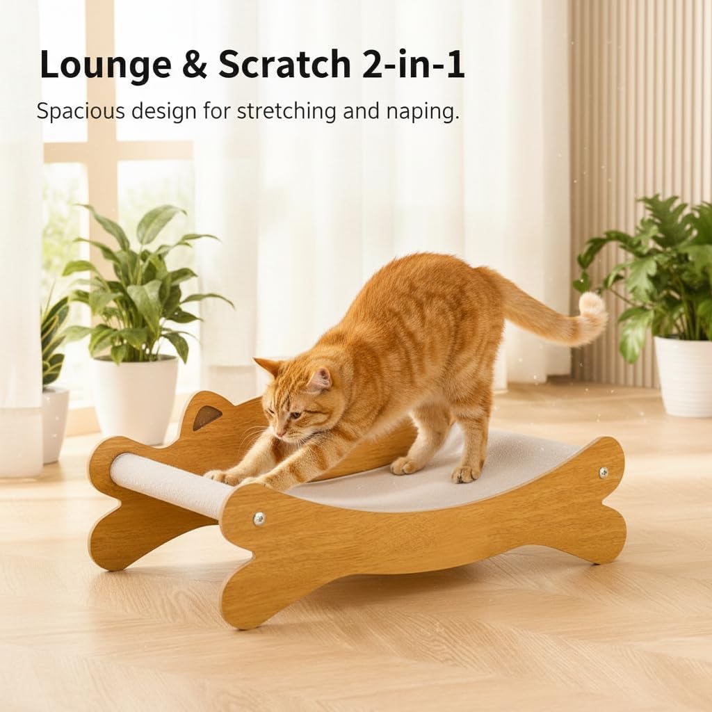 Cat Scratcher Bed for Indoor Cats & Hammock Lounge & Scratch Pad,Wooden Modern Cat Scratcher & Cat Beds & Furniture Sturdy and Durable for All Types of Cats Play and Rest