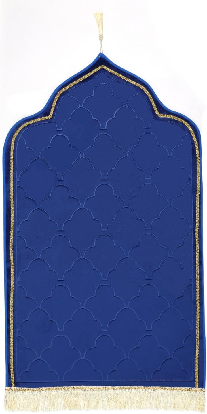 Muslim Prayer Rug Gold Rimmed Soft Thick Flannel Prayer Carpet Mat 25.5x45 Inch One of Three Random Patterns, Blue (color may vary ours is black)