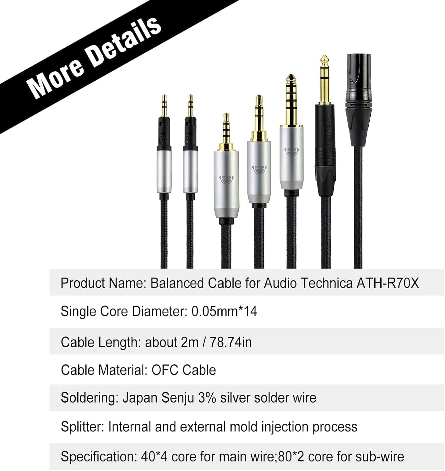okcsc ATH-R70X/XA - Cable de repuesto para auriculares de 4 núcleos de PVC trenzado de nailon OFC de 3,5 mm para Audio-Technica de 6.5 pies de longitud