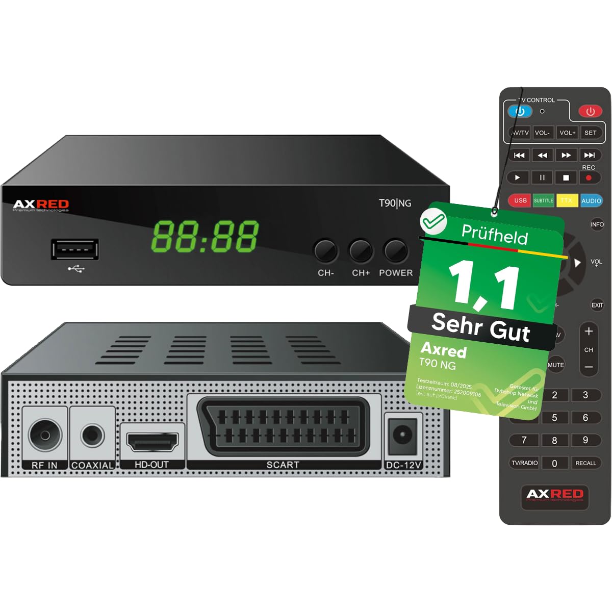 AXRED T90 HD DVB-T2 Receiver mit PVR Aufnahmefunktion, DVB-T & DVB-T2 Antennen, HDMI SCART USB