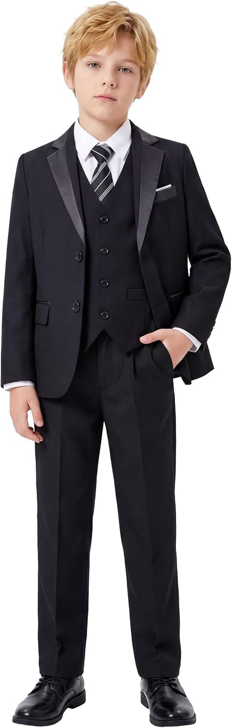 LOLANTA Boys Formal Suit 7 Piece Ring Bearer Outfit, Kids Tuxedo No Tail Gentlman Slim Fit Dress Clothes
