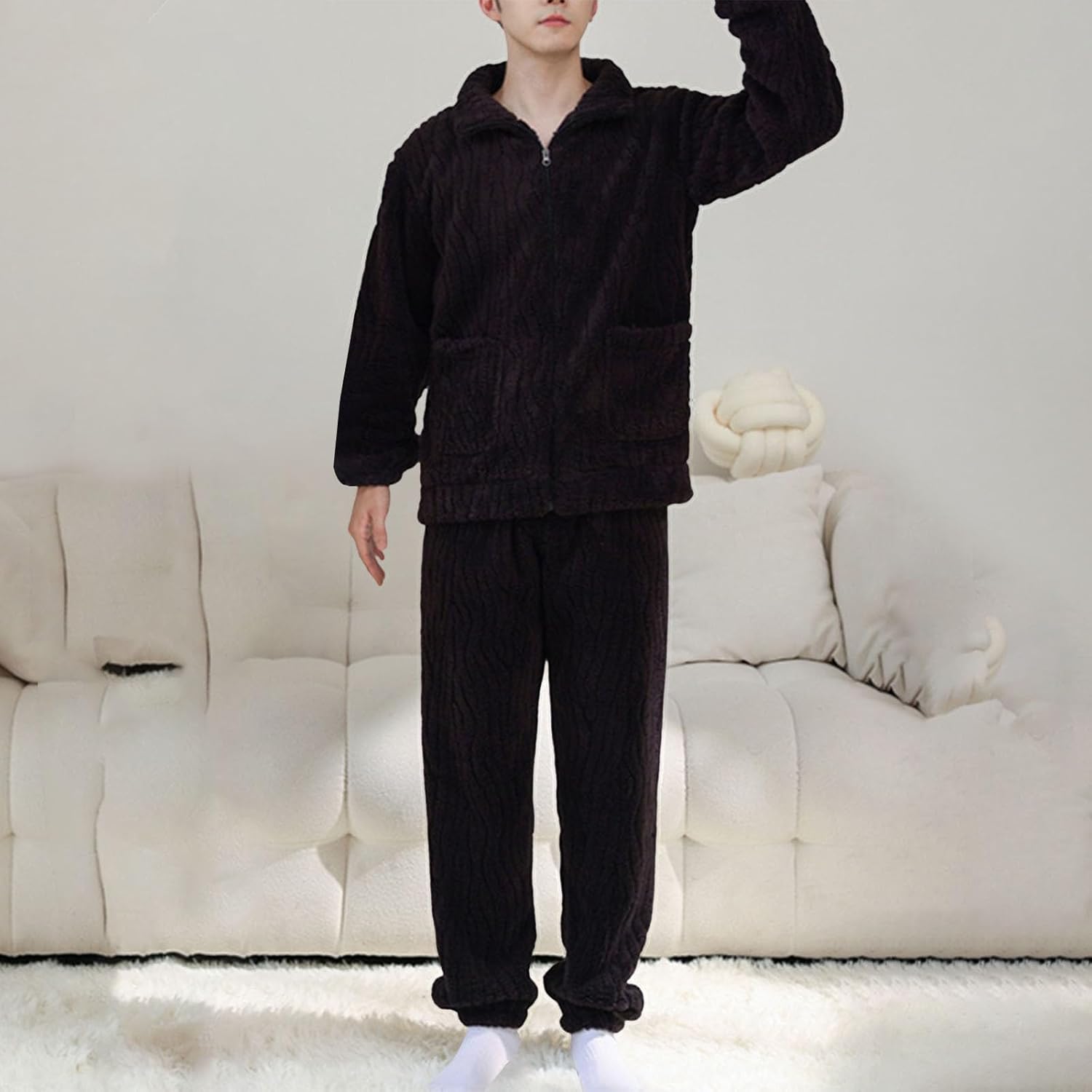 [Znepste] 裏起毛 ルームウェア メンズ フリース 上下セット パジャマ もこもこ 着る毛布 冬 ふわふわ ゆったり 暖かい