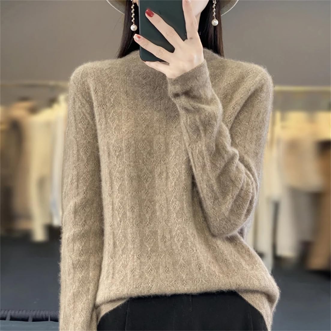 Maglione da Donna 100% Lana Merino di Prima Linea Senza Cuciture A Quadretti con Diamanti, Top in Maglia