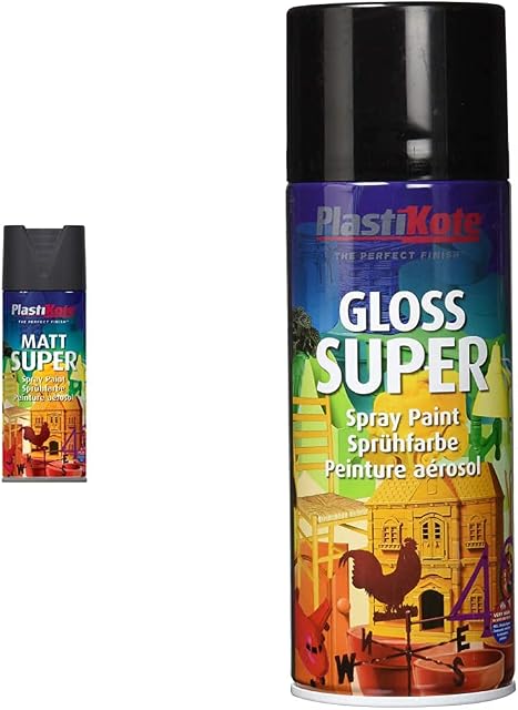 Plasti-kote 3101 400ml Super Spray Paint - Matt Black & PKT1100 1100 400ml Super Gloss Spray Paint-Black