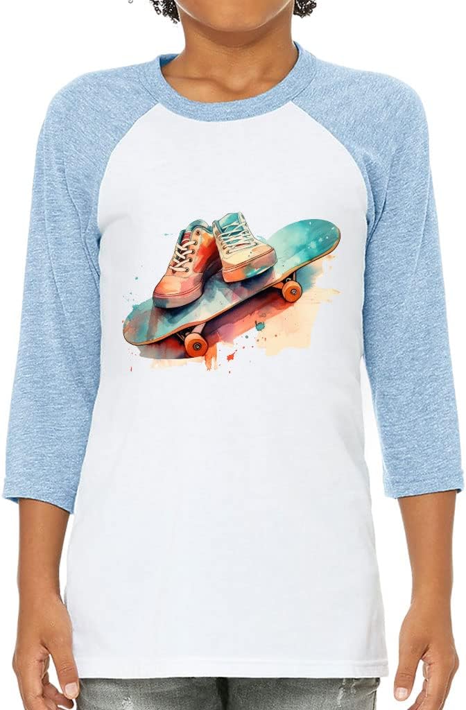 Skateboard Design Kids' Baseball T-Shirt - Unique 3/4 Sleeve T-Shirt - Multicolor Baseball Tee