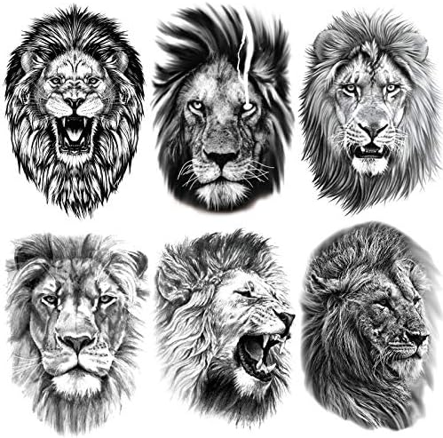 Kotbs 6 Sheets Large 3D Black Lion Face Temporary Tattoos for Men Women, Half Arm Sleeve Tattoo Stickers for Teens Adults, Waterproof Black Lion King Fake Tatoo