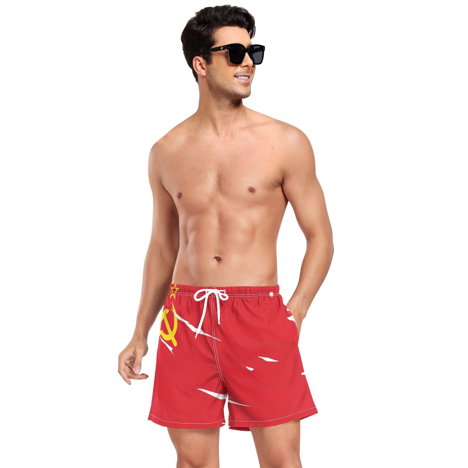 Yuiboo Soviet Union Flag Union of Soviet Socialist Republics NationalMens Beach Shorts Men's Double Layer Running Shorts with Pockets and Compression Liner Beachwear Quick Dry Multi