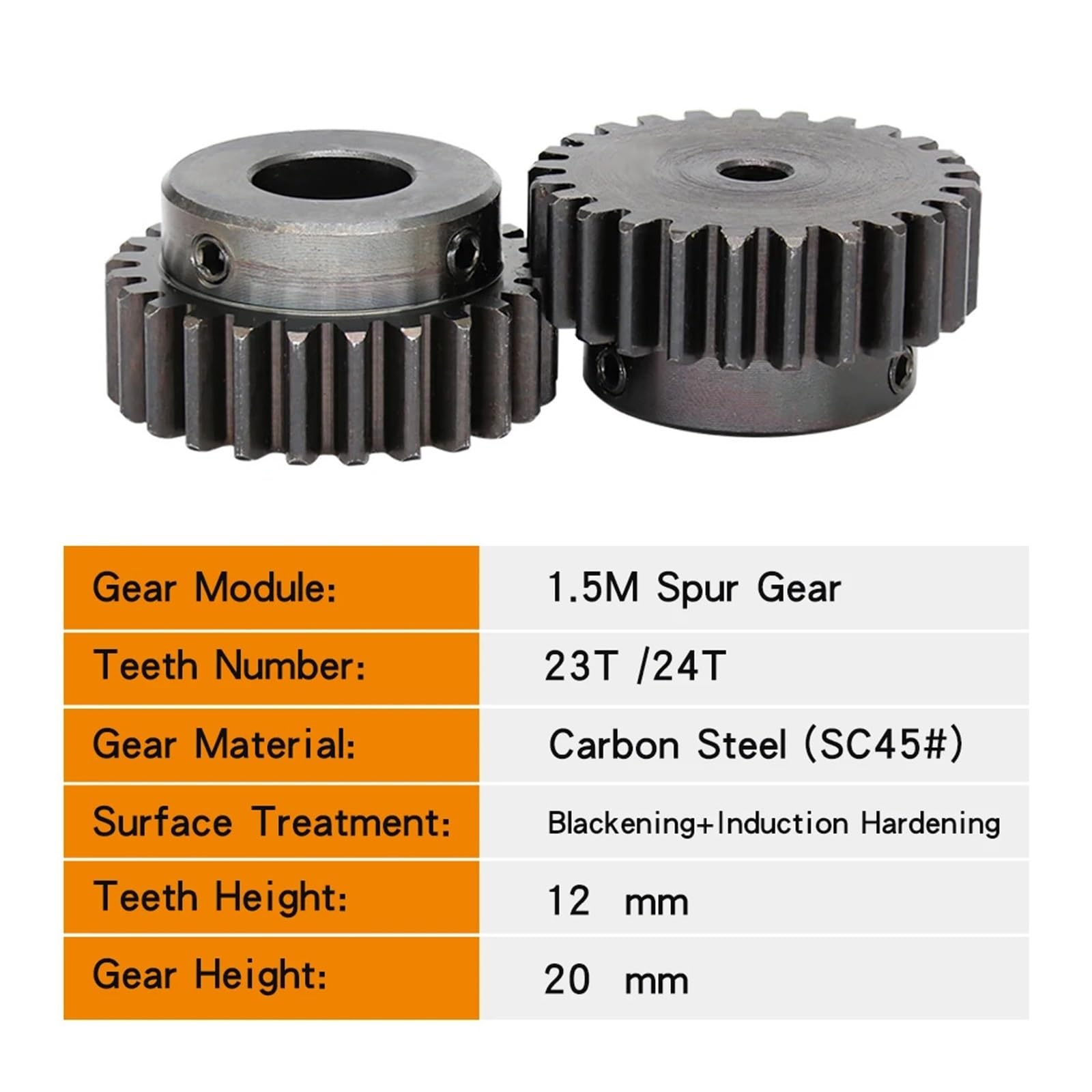 Bevel Gear Pinion Hardware Mechanical Cylindrical Gear 1.5M-23T/24T Bore 8mm Teeth Thickness 12 Mm Blackening Carbon Steel Gears for Transmission(1.5M24T)