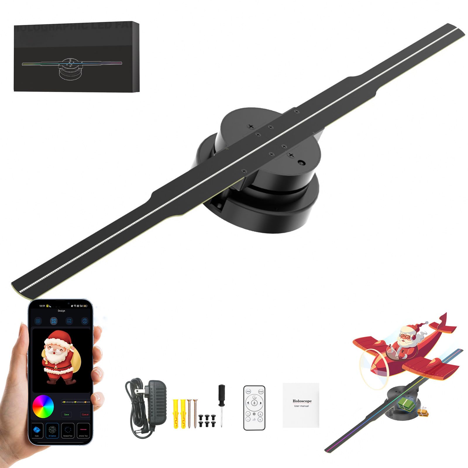 Wentylator holograficzny LED 3D (efekt bez okularów) z Bluetooth i aplikacją – wyświetlacz 1010RGB HD (352 diody LED) do sklepów i punktów handlowych