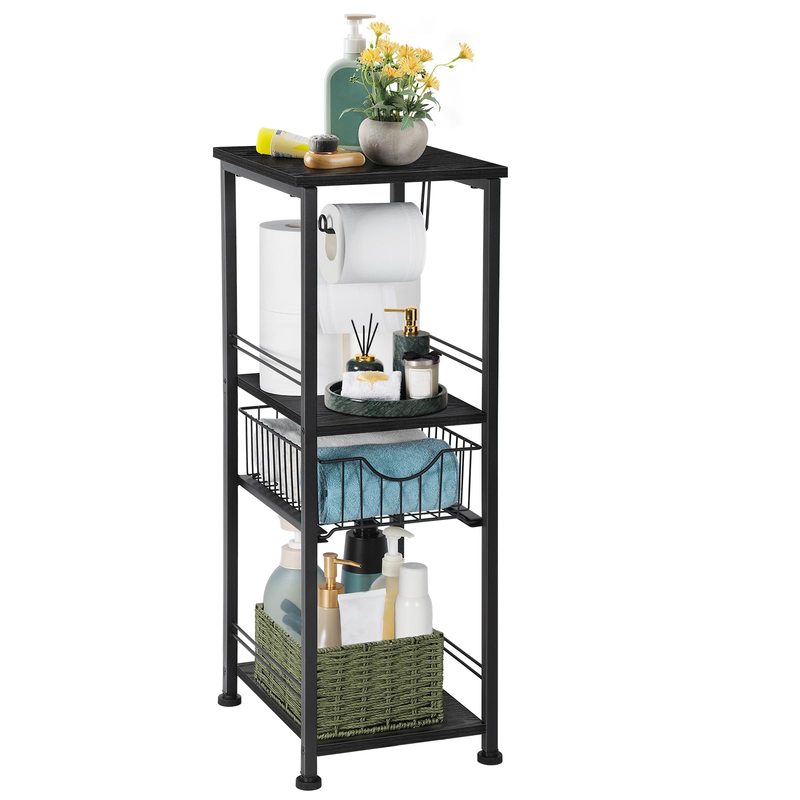 smusei Small Toilet Paper Storage Cabinet Freestanding Slim Bathroom Storage Organizer Shelf with Wire Drawer Black Bathroom Towel Shelf Stand for Bathroom Living Room Laundry Room Pantry
