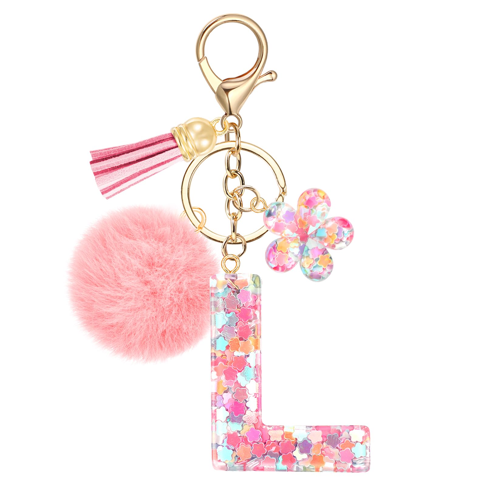 JSRQT Initial Letter Keychain for Girls, Cute Pink Flower Resin Alphabet Keyrings, Sequins Flower Bag Charm Pendants
