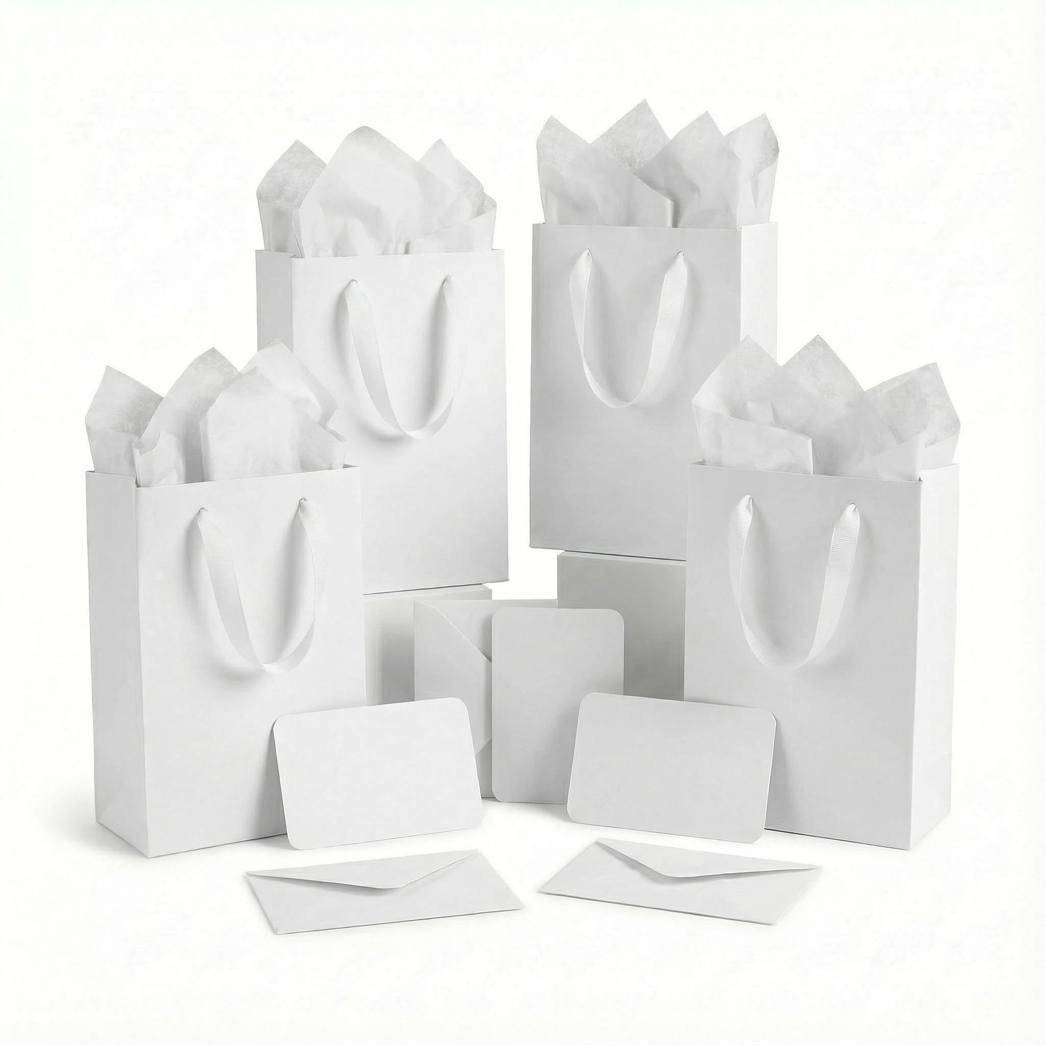 JUNESHE 4 Sets Small White Gift Bags, 8 inch Tiny Little Paper Bag Matching Card Envelope Sticker Black Tissue Paper for Birthday Party Favors Baby Bridal Shower Shopping Presents Wedding Welcome