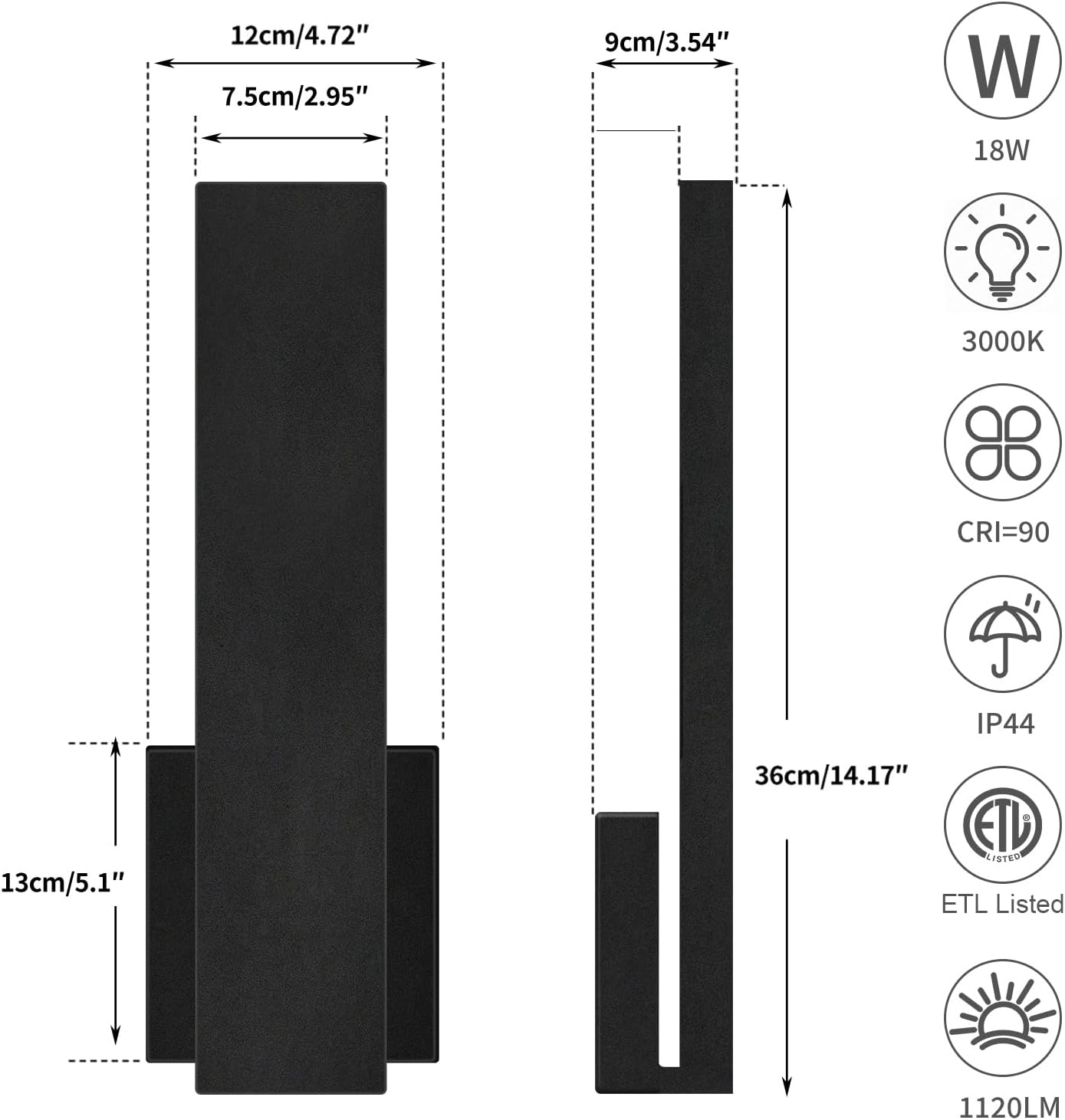 Aluminum LED Modern Wall Sconces Set of 2, 18W Matte Black Waterproof Sconce Wall Lighting Indoor Outdoor, Hardwired Wall Lights for Office,Porch, Bedroom, Bathroom, Living Room,Stairway