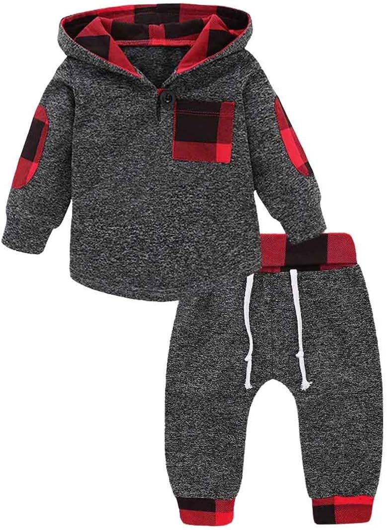 Toddler Infant Baby Boys Clothes Plaid Long Sleeve Hoodie Sweatshirt Pants Kids Fall Winter 2Pcs Outfits Set