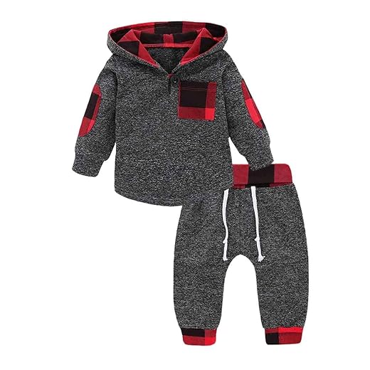 Ritatte Toddler Infant Baby Boys Clothes Christmas Plaid Long Sleeve Hoodie Sweatshirt Pants Kids Xmas Fall Winter 2Pcs Outfits Set(Gray, 6-12 Months(80))
