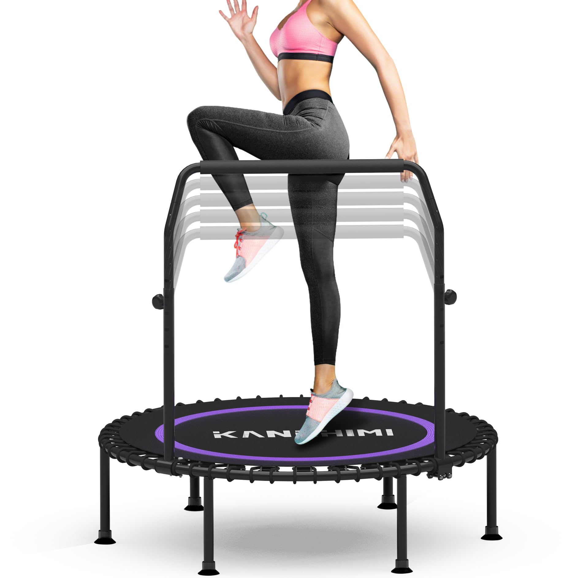 Kanchimi 450/550LBS Mini Rebounder Trampoline for Adults with Bar, 40" /48" Fitness Trampoline Adjustable Foam Handle, Stable&Quiet Exercise Rebounder for Adults Indoor/Outdoor Workout(Purple, 550LBS)