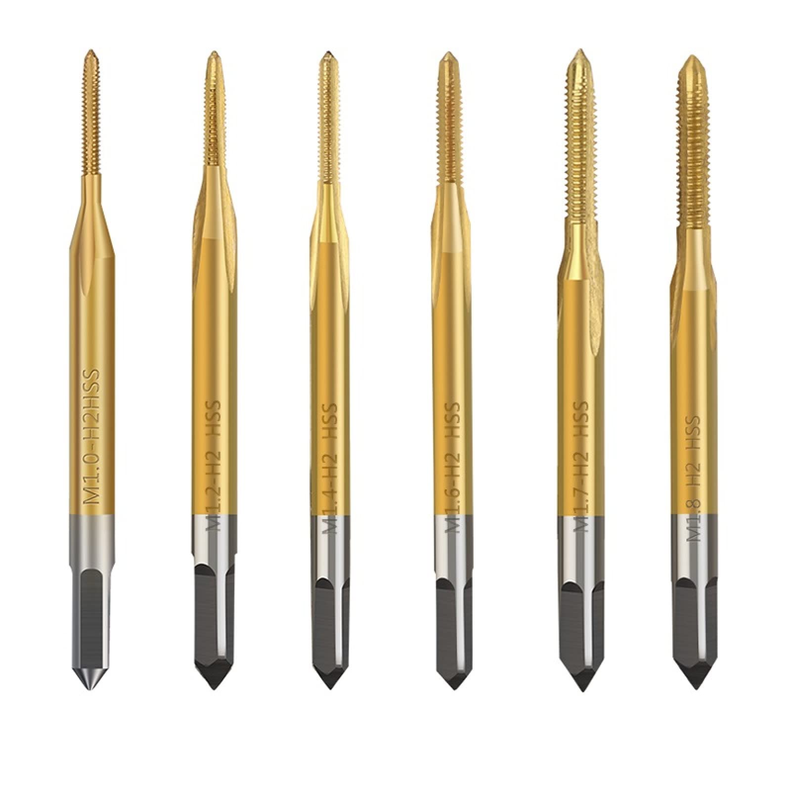 Set di 6 Punte per Trapano, Maschi per Macchina, Maschi per Viti metriche M1-M1.8, Maschi per Viti HSS, Maschi per Viti Rivestiti in Titanio