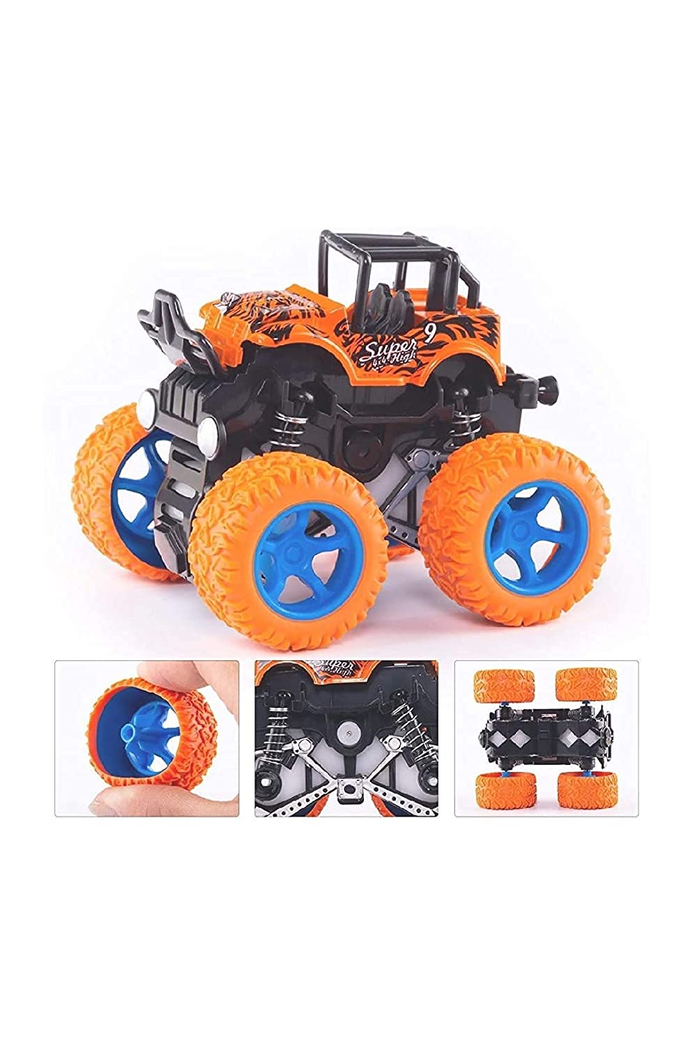 RABBITTOM 4WD Mini Monster Trucks Friction Powered Plastic Truck Big Rubber Tires Push and Go Toy 4 Wheel Drive Unbreakable Diecast Stunt Car Pull Back Mechanism with Jumper Climbing Vehicle