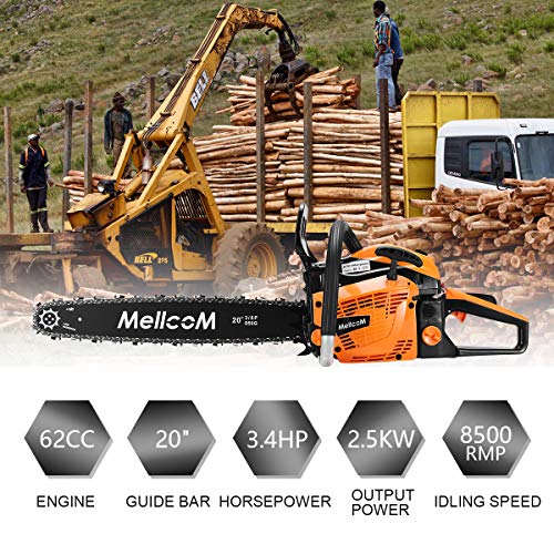 MELLCOM 62CC 2-Cycle Gas Powered Chainsaw, 20-Inch 2 Stroke Handed Petrol Chain Saw for Farm, Garden and Ranch,Cutting Trees, Wood