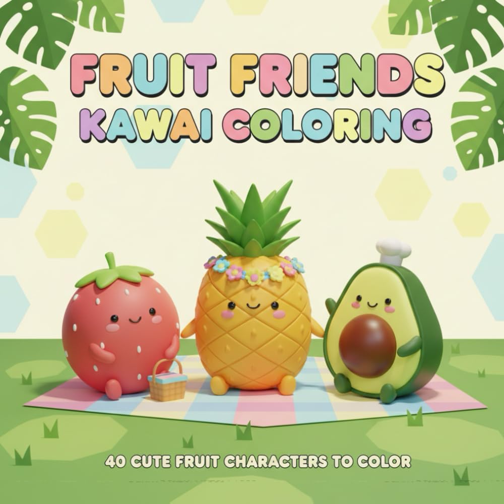 Book Title: Fruit Friends Kawaii Coloring: Subtitle: 40 Cute Fruit Characters to Color