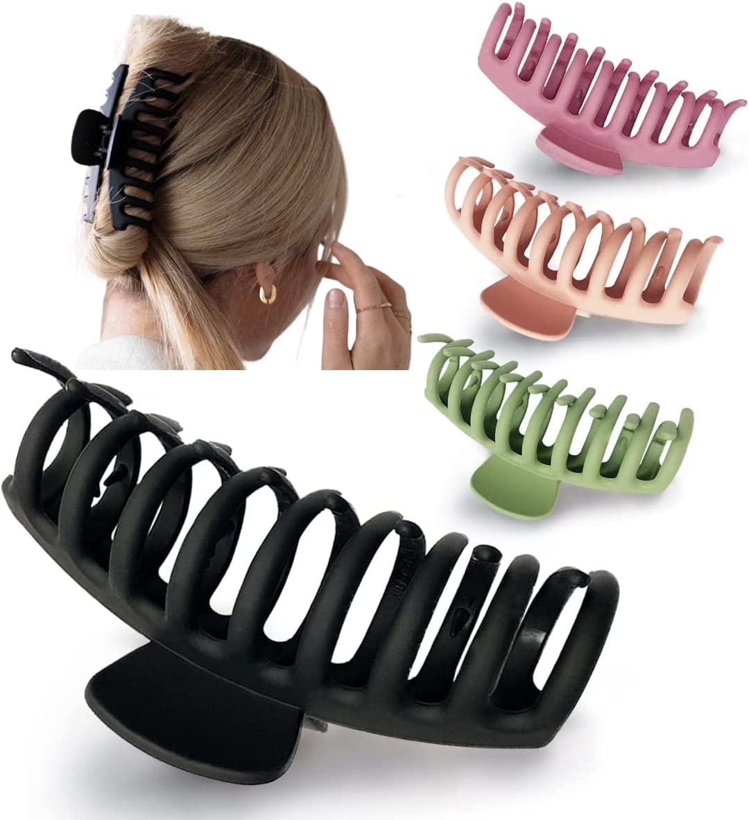 TRENDORE™ Modern Big Hair Claw Clips for Women & Girls | Large Claw Clip for Thin Thick Curly Hair Matte Claw Clips - Neutral Hair Clips Strong Hold 4.33 Inch - Nonslip Matte Hair Clip (4 Pcs)