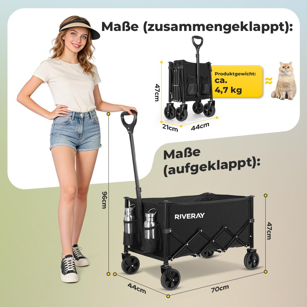 Bollerwagen Faltbar 120L 120KG, Klappbarer Bollerwagen mit Abnehmbarer Stofftasche Verstellbarem Griff, Faltbarer Handwagen All Terrain Rädern für Camping, Garten, Outdoor, Einkauf