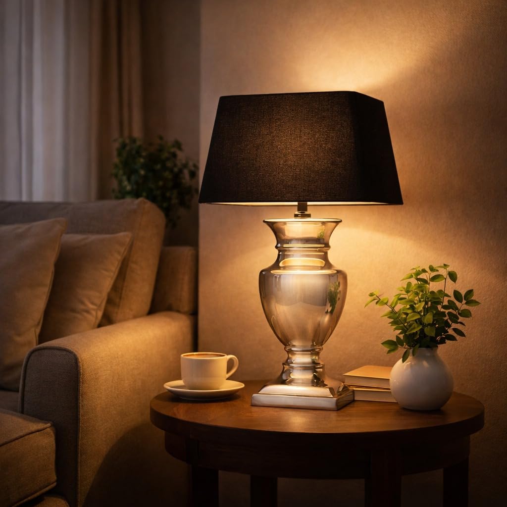 Tischlampe mit Schwarzem Stoffschirm & silbernem Keramikfuß – 53 cm Nachttischlampe mit Kabelschalter – Platzsparende Tischleuchte für Schlafzimmer, Wohnzimmer, Büro – Dekolampe E27, Leselampe