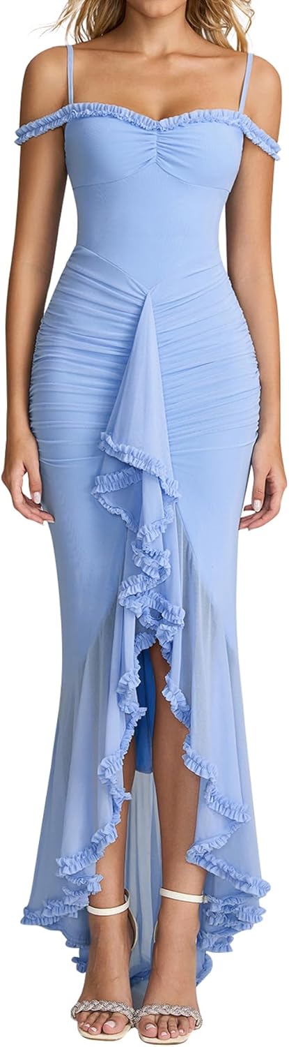 KUTUMAI Women Ruffle Bodycon Maxi Dress Ruched Long Formal Cocktail Wedding Guest Dresses