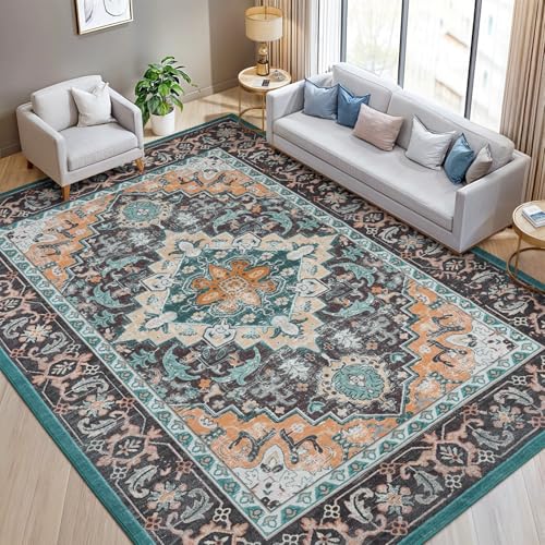 Lofus 8x10 Area Rugs for Living Room, Washable Area Rug, Rugs for Bedroom, Kitchen, Vintage Boho Carpet, Soft Non-Slip, Low Pile Large Area Rug for Office Dining Room, Floral Green