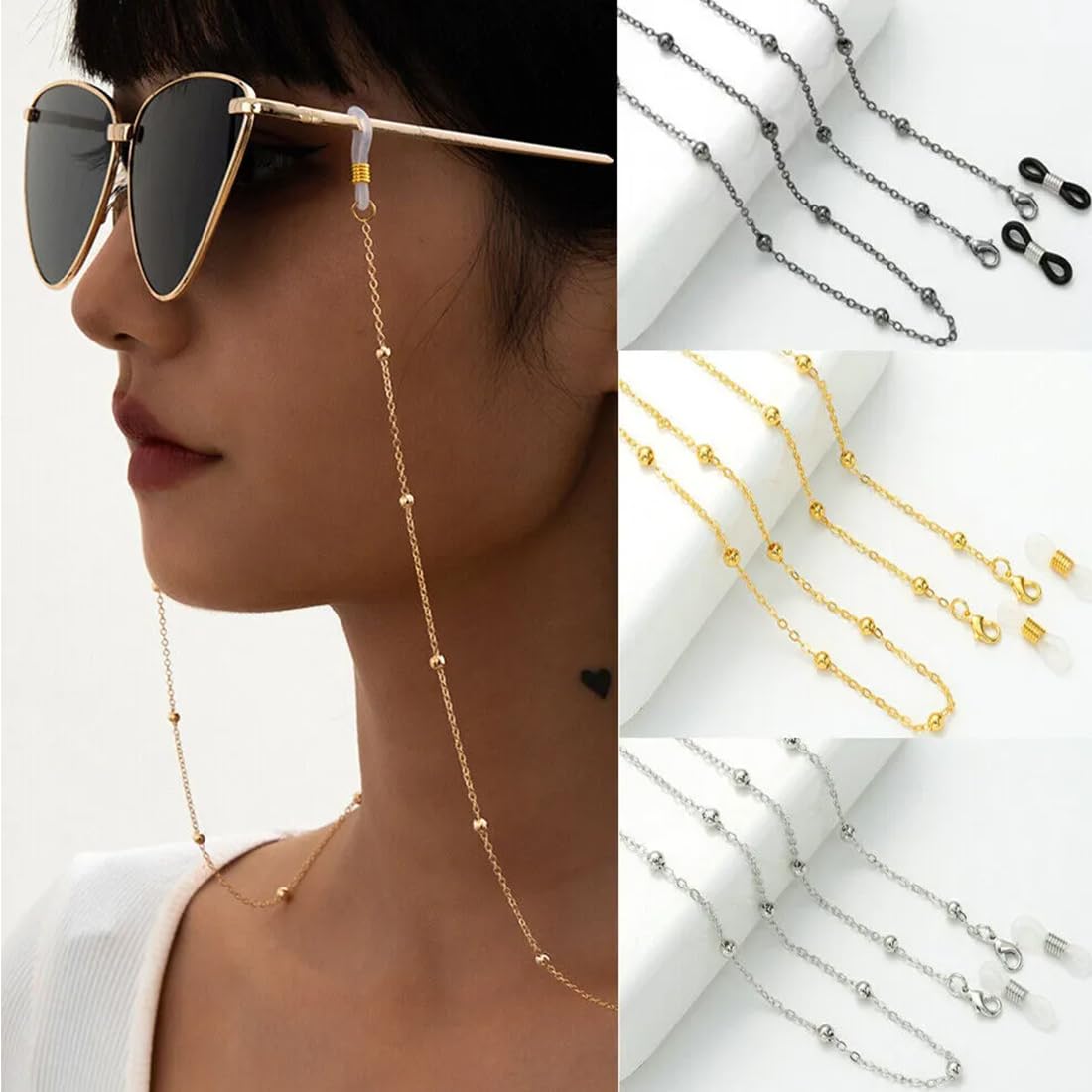 Pack 4 Cadenas Para Gafas Ajustables Y Antideslizantes – Metal Para Mujer Y Hombre (Dorado, Plata, Negro, Rosa)