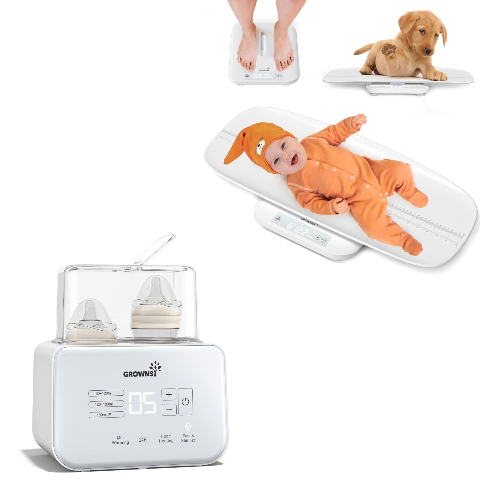 Grownsy Babywaage mit Abnehmbarem Tablett – Multifunktionale und Erwachsene bis 150 kg; Flaschenwärmer baby, 9-in-1 Sterilisator für Babyflaschen, BPA-frei