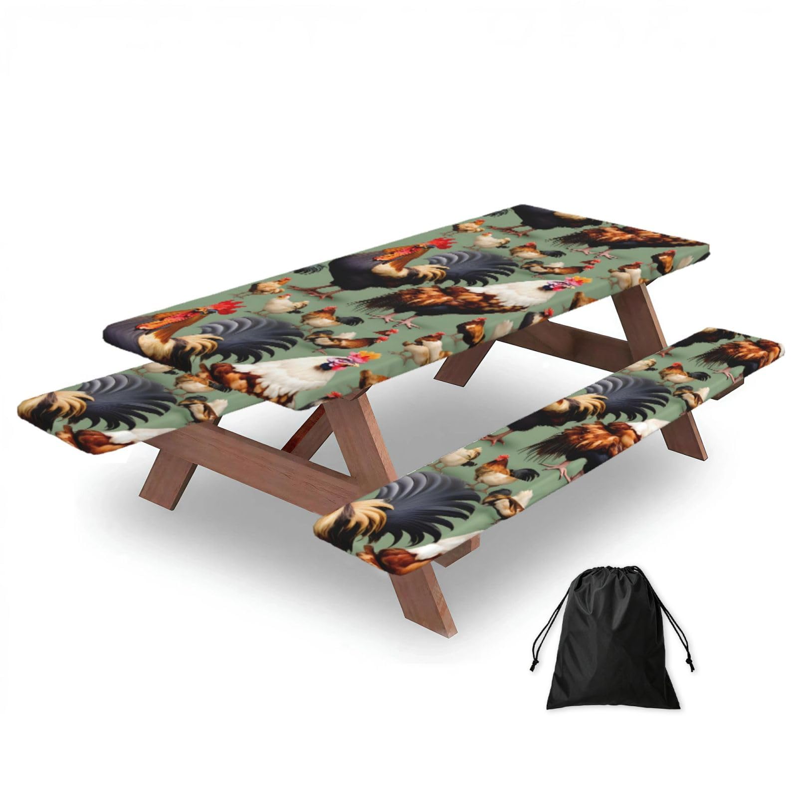 Erwqavc Black Rooster And Chicken Print Picnic Table Cover & Bench Covers 3-Pack Set, Elastic Tablecloths For 6 Ft Rectangle Tables