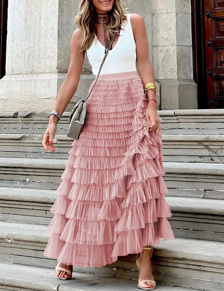 Long Tulle Skirt for Women Trendy High Waisted A Line Fluffy Fairy Mesh Layered Ruffle Skirt - Image 2