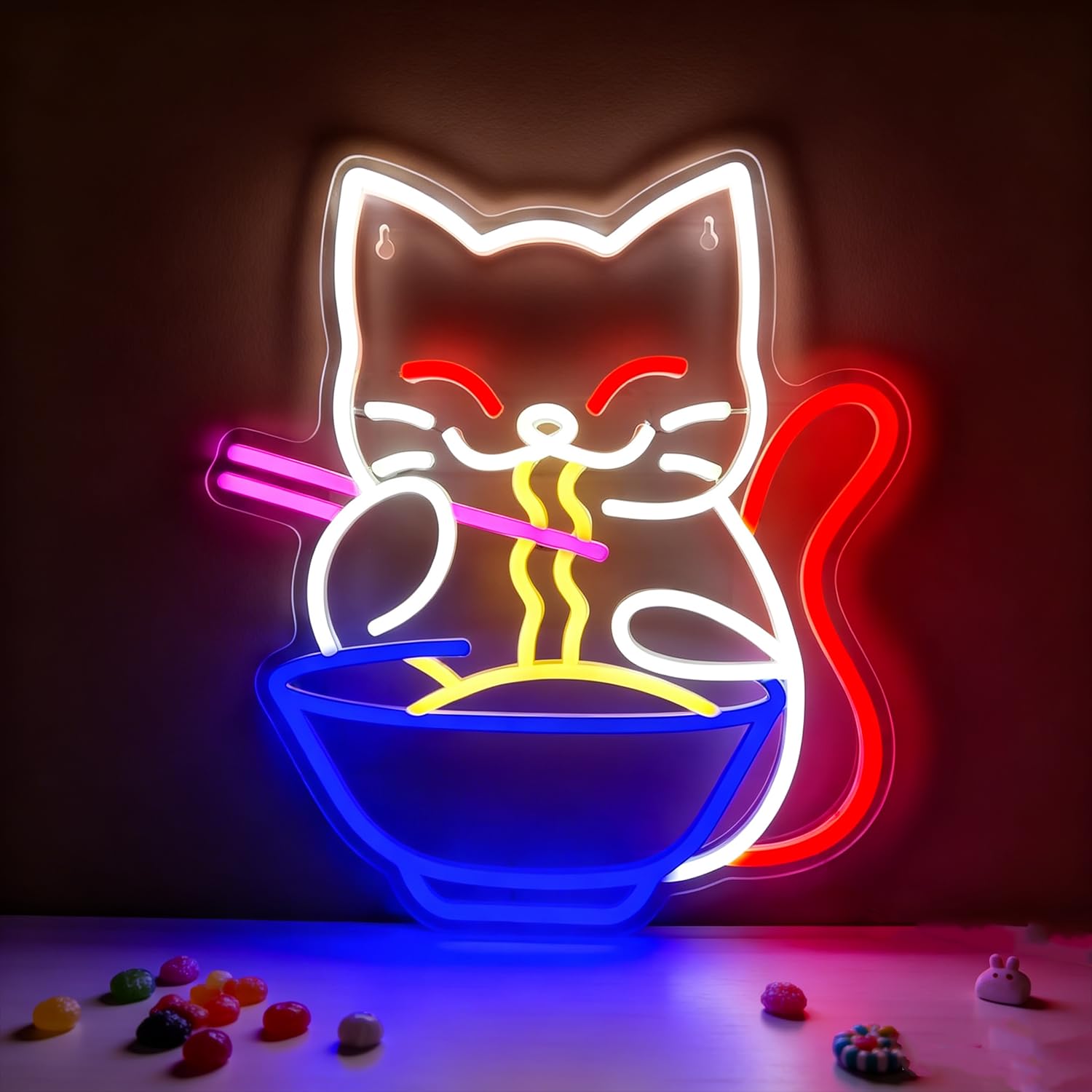 Cat Ramen Neon Sign LED Lucky Cat Noodle Neon Sign for Wall Decor, Dimmable USB Powered Neon Light for Resturant Home Bar Kitchen Dinning Room Shop Window Party Bedroom Birthday Gifts 11.22”x12.99”