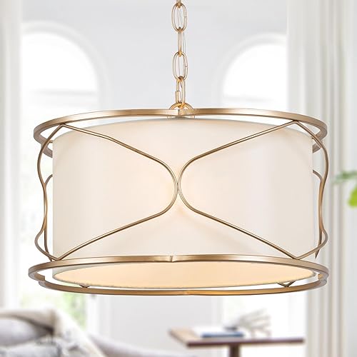 Candelabro de tambor dorado, moderno accesorio de iluminación colgante de 3 luces con pantalla de tela blanca para comedor, dormitorio, sala de