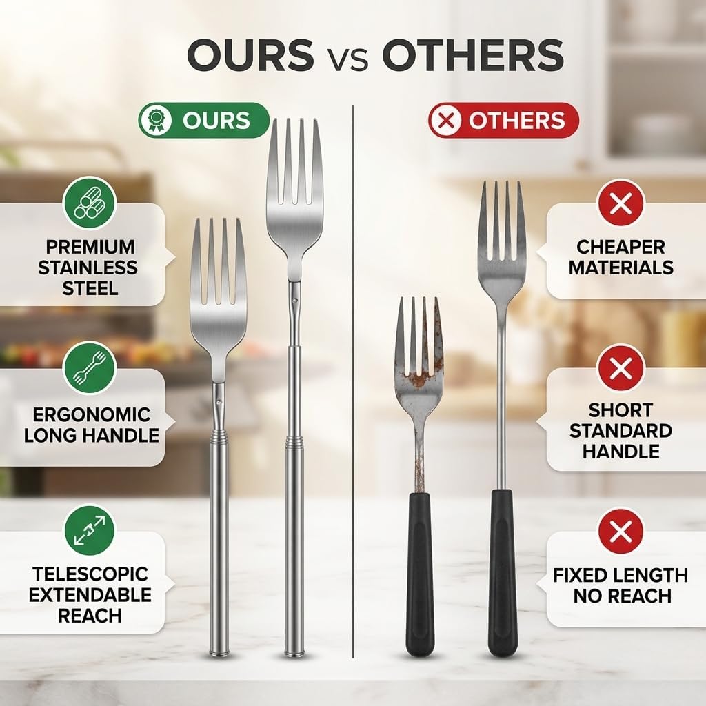 Yosoo BBQ Telescopic Extendable Dinner Fruit Dessert Long Handle Fork Stainless Steel Cutlery