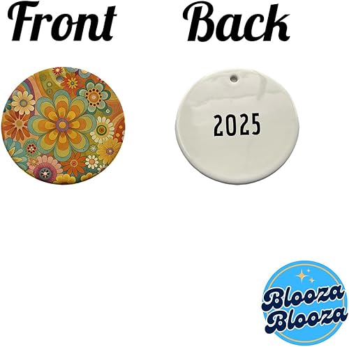 Miniatura 4 de 70's Retro Groovy Hippie Pretty Floral Design 2025 Round Ceramic Holiday Christmas Tree Ornament